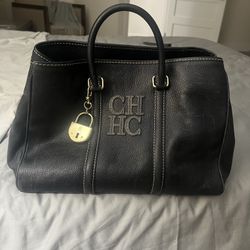 Carolina Herrera CH Monogram Black Leather Large Long Satchel