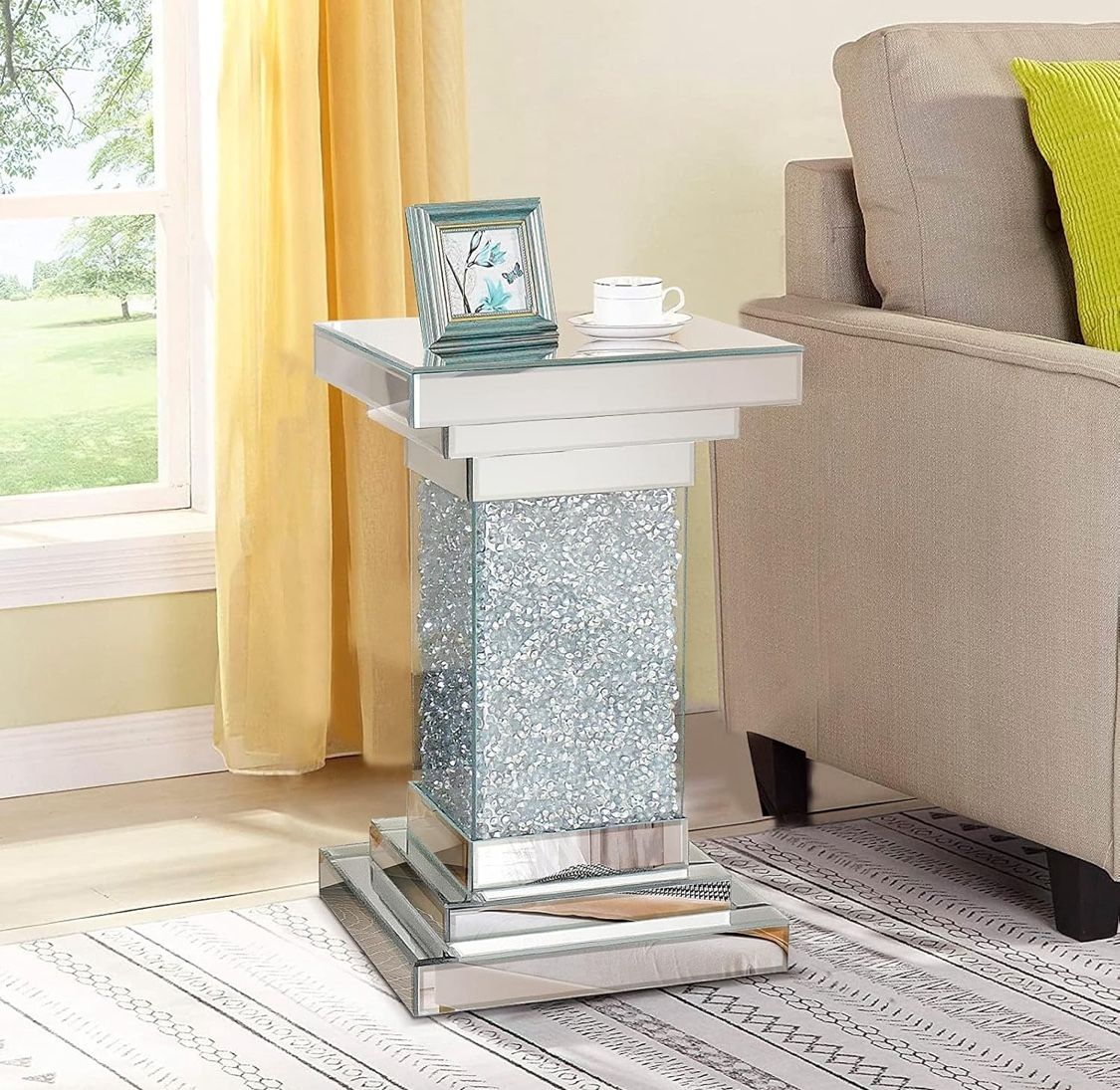 Pregaspor Silver Mirrored End Table, Square Side Table With Crystal Inlay, Modern Gorgeous Coffee Table for Living Room Bedroom