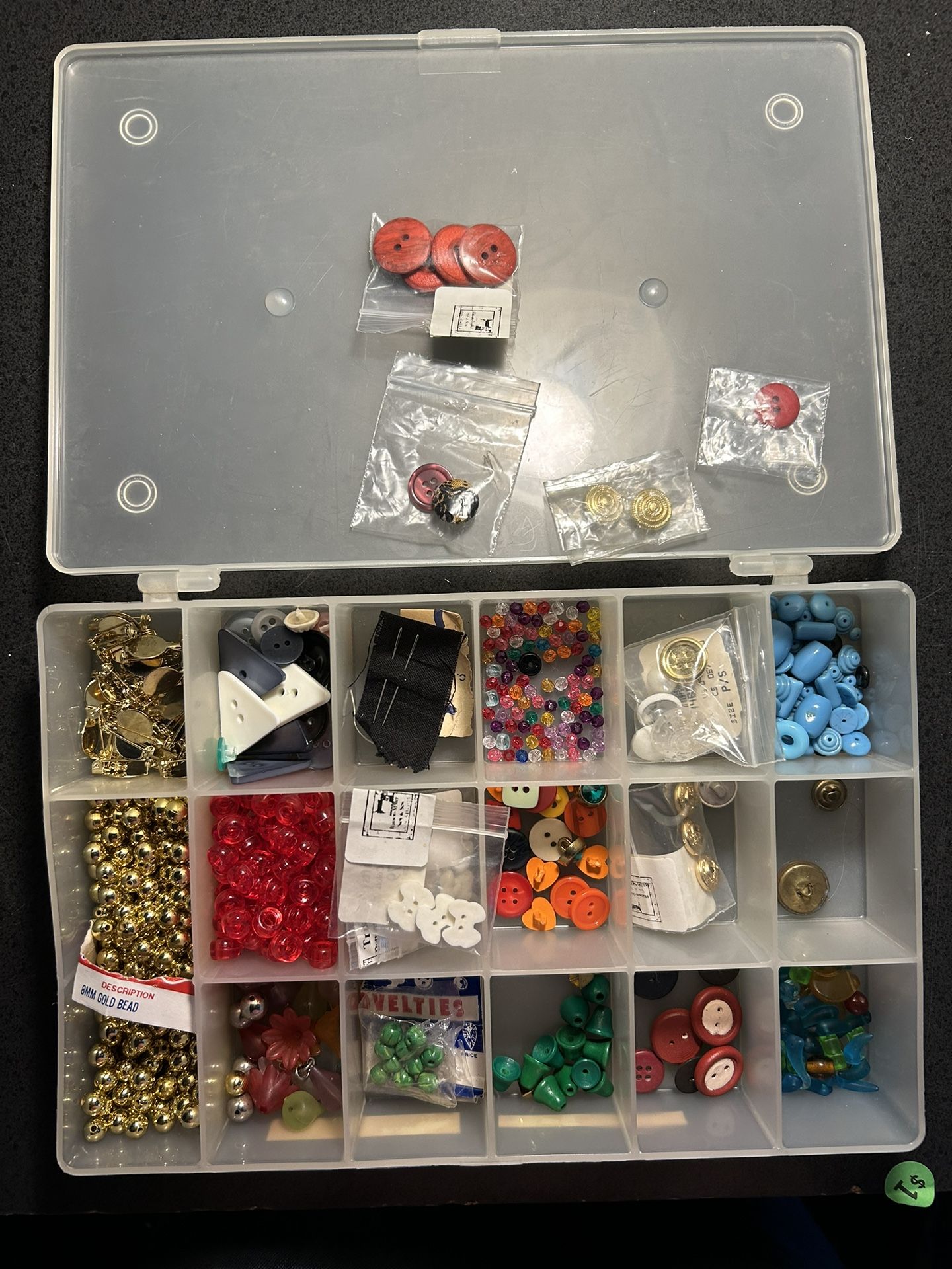 Plastic Organizer with Buttons, Beads, Pin Backs