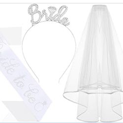 Papoopy 3Pcs Bride to Be Headband with Sash and Veil for Bachelorette Party Decorations, Bridal Shower Accessories for Gift, Favors