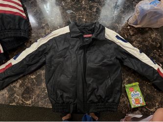 Vintage 90s USA American Flag Genuine Leather Bomber Jacket Men’s Large with Utility Pocket