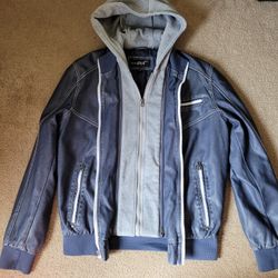 Blue Faux Leather Jacket Adult Medium With Removable Hood