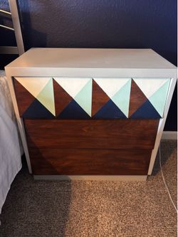 Pair of Custom Mid-Century Geometric Nightstands / 3-Drawer Chests