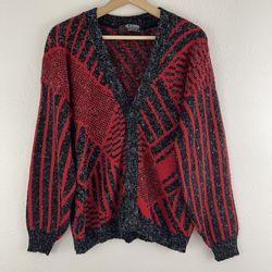 Vintage 80s Retro Red Black Geometric V Neck Grandpa Chunky Cardigan Sweater