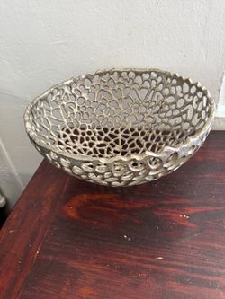 Coral Branch Bowl Silver Cast Aluminum Footed Open Web Fruit Coastal 11” D x 6” Tall