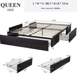 Black Queen Size Platform Bed Frame with 3 Storage Drawers