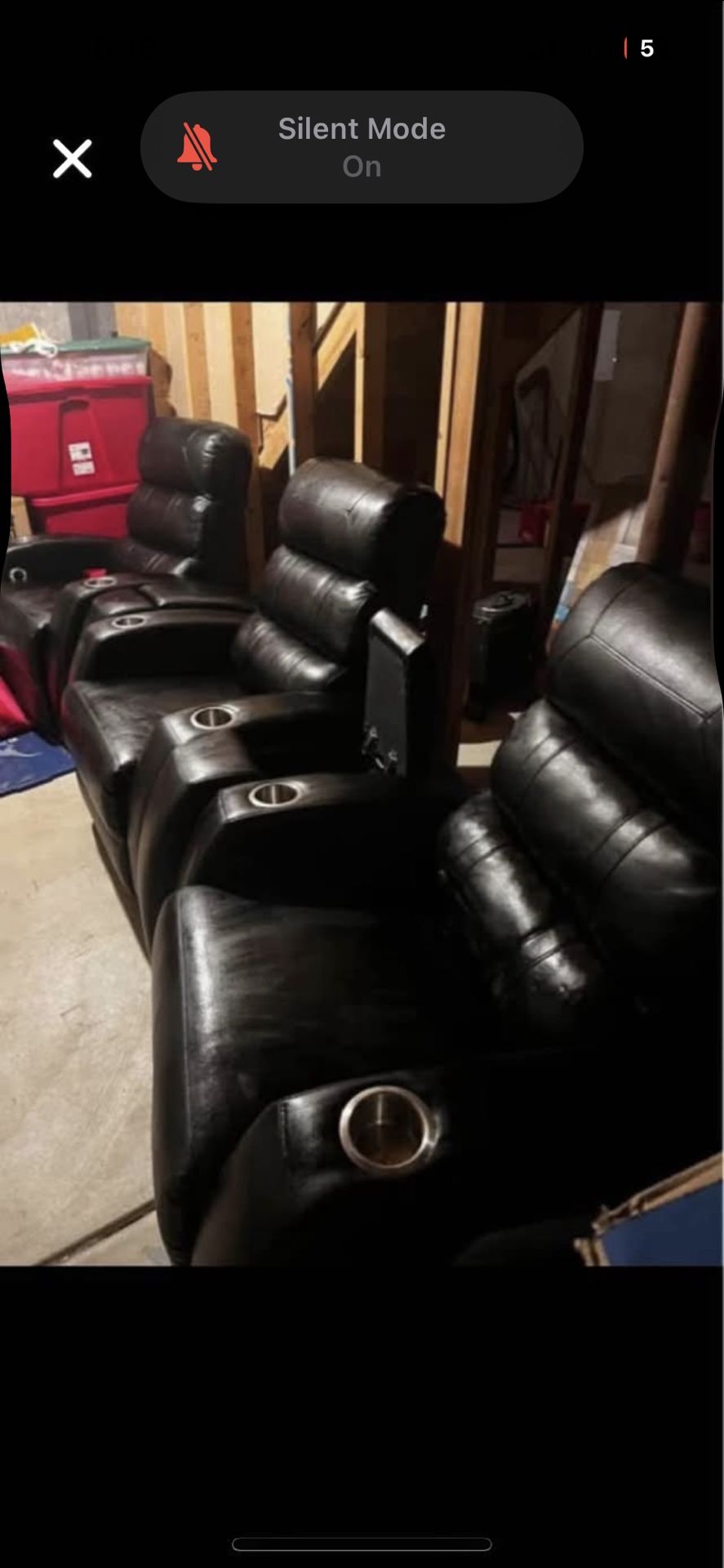 3 Home Theater all leather recliner chairs. Electric recliners. Has cub holder, storage space and charging port. 5 separate pieces (they are not att