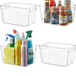 4pcs Large Storage Organizer Bins for Pantry Kitchen, Clear Plastic Storage Basket Set with Handle for Laundryroom Bathroom Cabinet Countertop Organiz