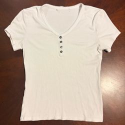 Women's White Ribbed Button Top X Small