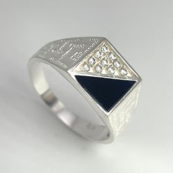 Solid 925 Sterling Silver Black Greek Ring Size 13.5