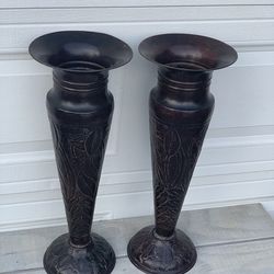 Vintage Bombay India Tall Metal Floor Vases 24” Etched Floral Pair Bronze Decor
