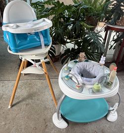 Baby Bundle: Lalo White Highchair, activity jumper, and booster seat