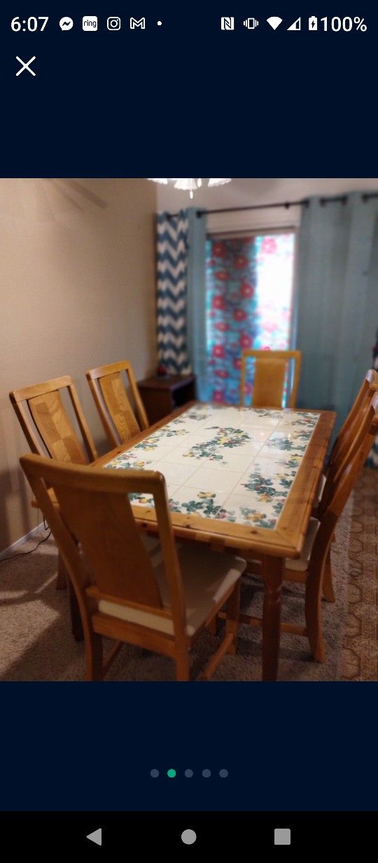 Italian Hand Painted Kitchen Table..Grape Vine Design!@..Solid Wood And Tile Top..Size 62x38 Wide 30 Inches Tall...6 Padded Solid Wood Kitchen Chairs.