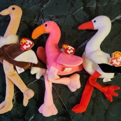 TY Beanie Babies Lot Of 3: Stretch Ostrich, Pinky the Flamingo, Stilts the Stork