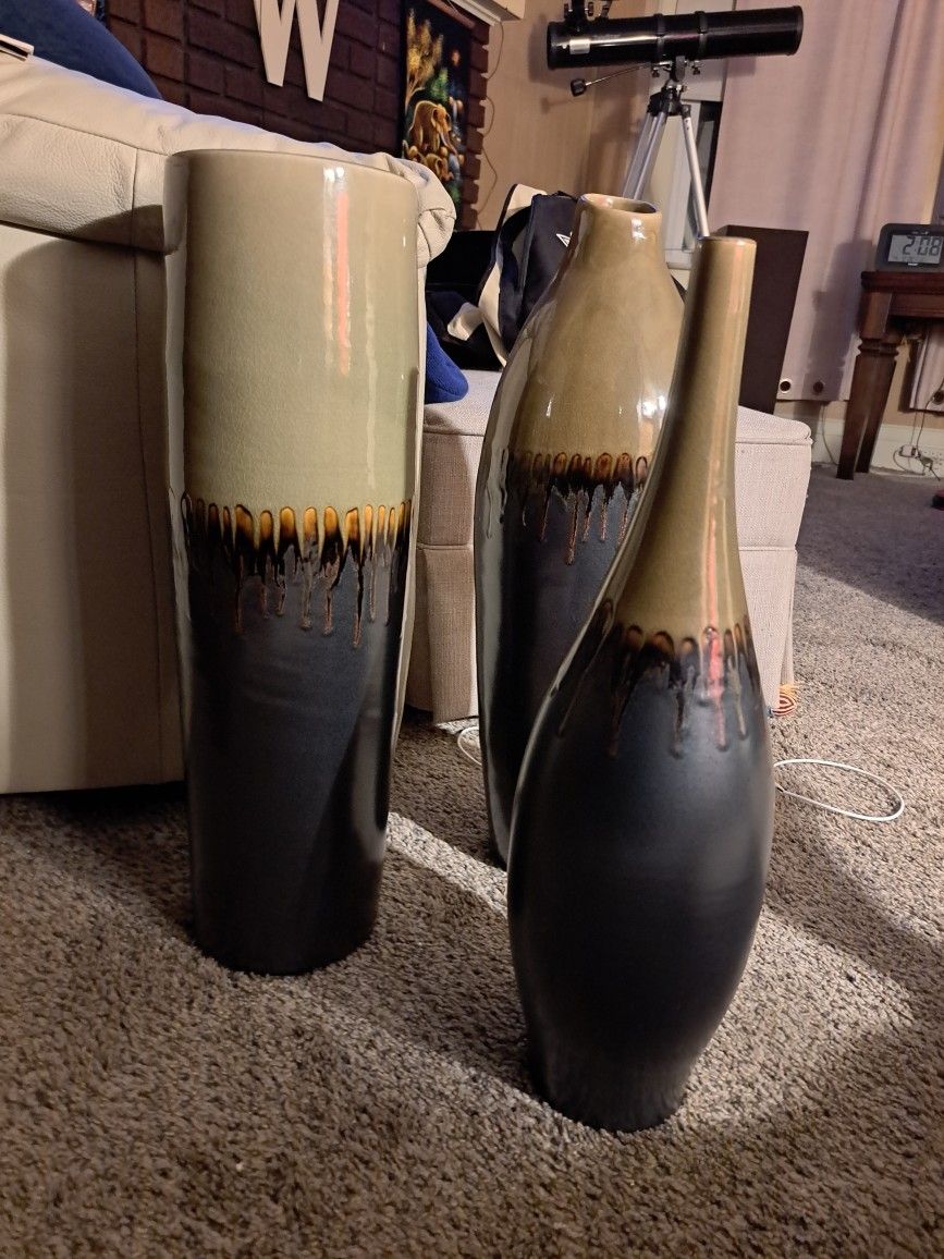 3 MAITLAND - SMITH Handmade Artisan Ceramic Vases with Olive Green & Brown Drip Hand Made Thailand