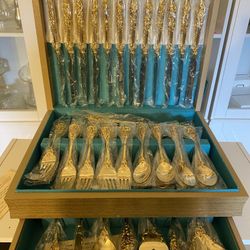 Gold Plated Silverwear. Set For 16 And Serving Pieces