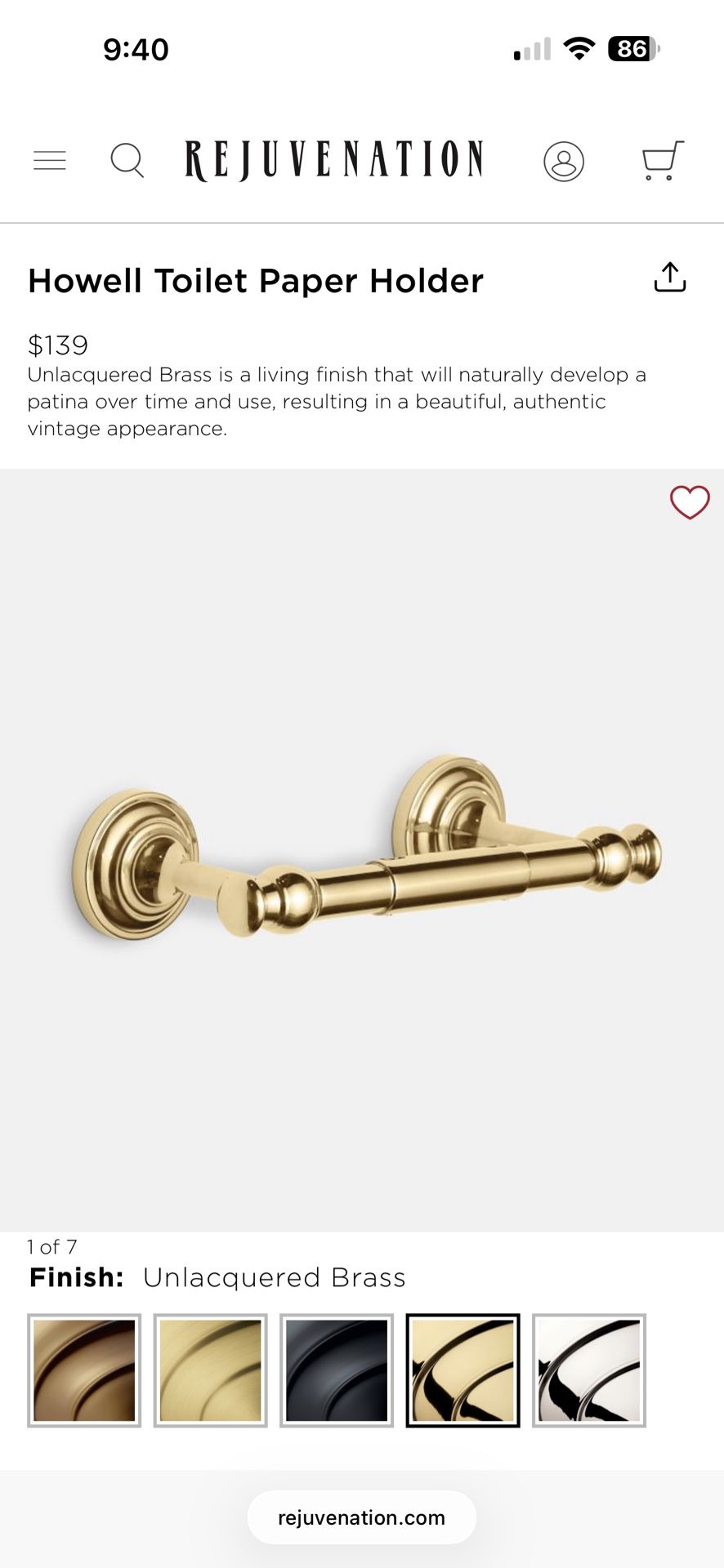 Rejuvenation Howell Toilet Paper Holder, Unlacquered Brass