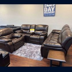 *Living Room Special*---Madrid Sleek Brown Leather Reclining 3 Piece Sets---Delivery And Easy Financing Available👏