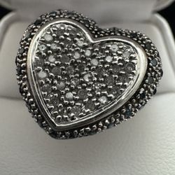 Sterling Silver ~1/2CTW Blue & White Diamond Heart Ring Size 8