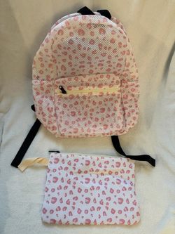 Pink Leopard Print Mesh Backpack with Pouch