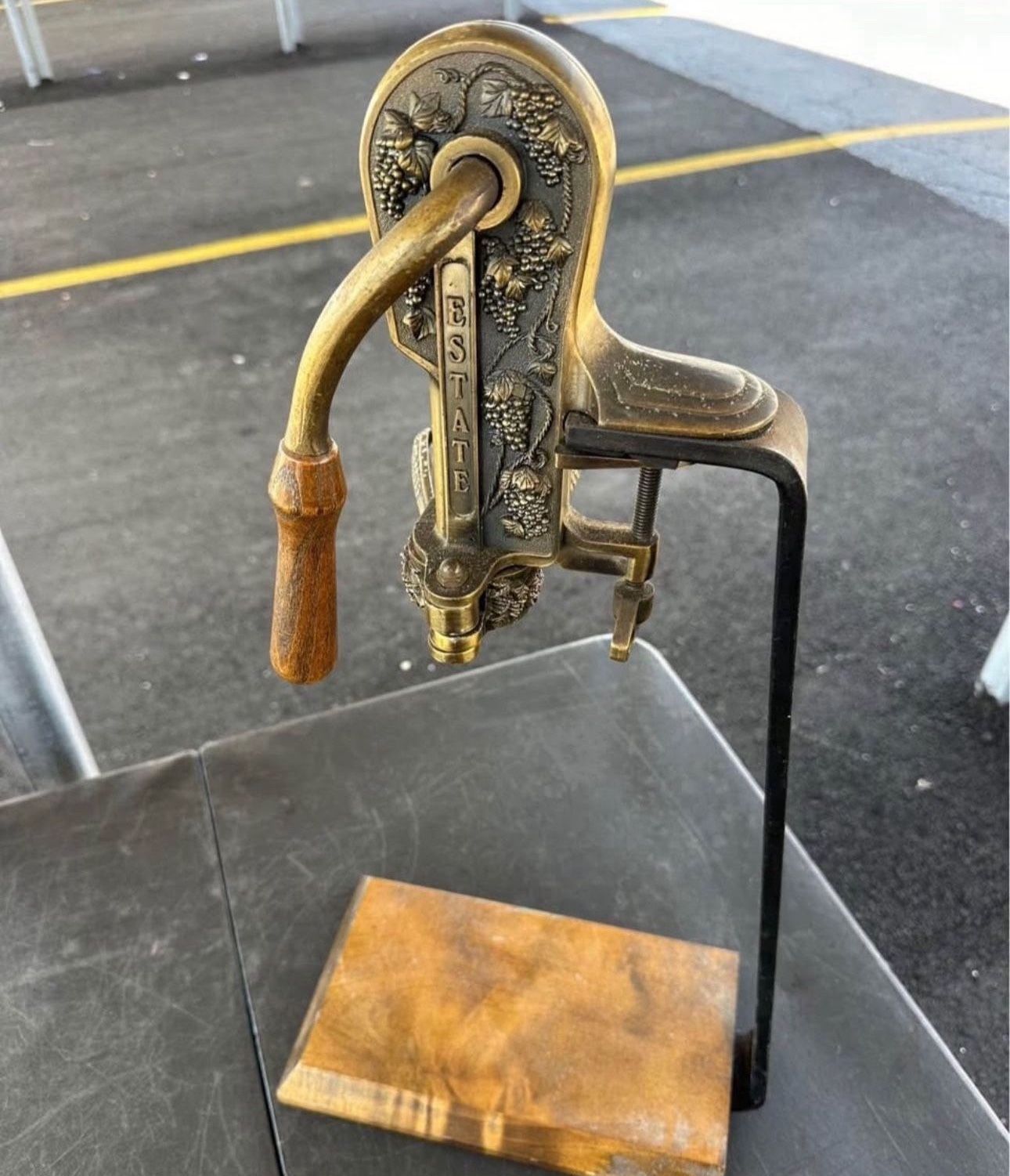Rogar Estate Antique Brass Table Top Wine Bottle Opener w/ Wood Stand Corkscrew (working!!)