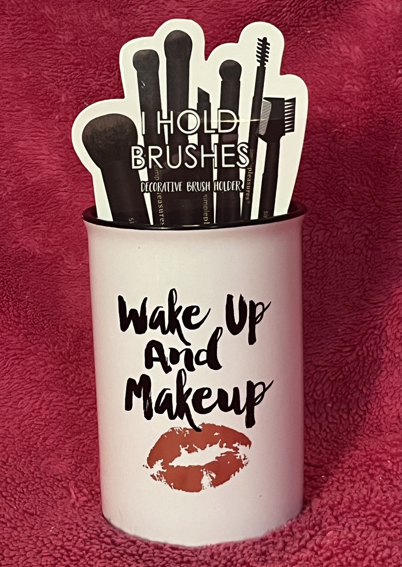 Wake Up And Make Up Stoneware 5” Tall Cosmetic Make Up Brush Holder NEW in Box!