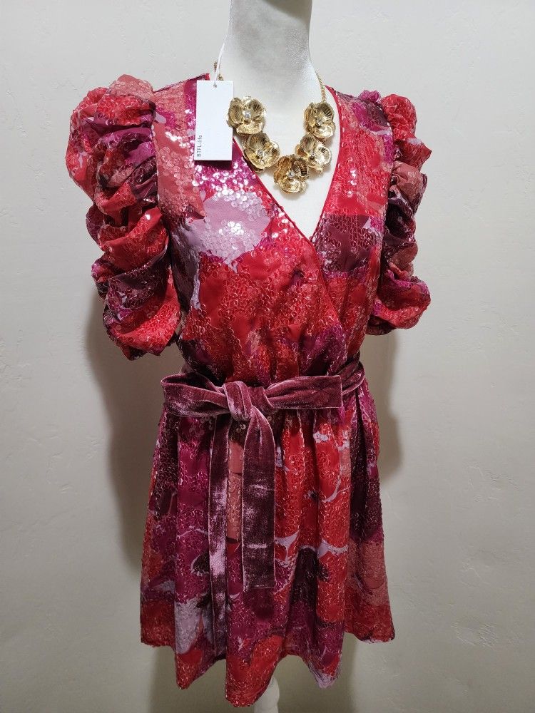NWT Red Sequins Puff Sleeves Mini Dress