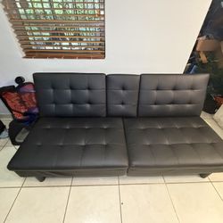 Benzara Berie Futon Sofa Bed, Drop-Down Tray, Cupholder, Black Faux Leather