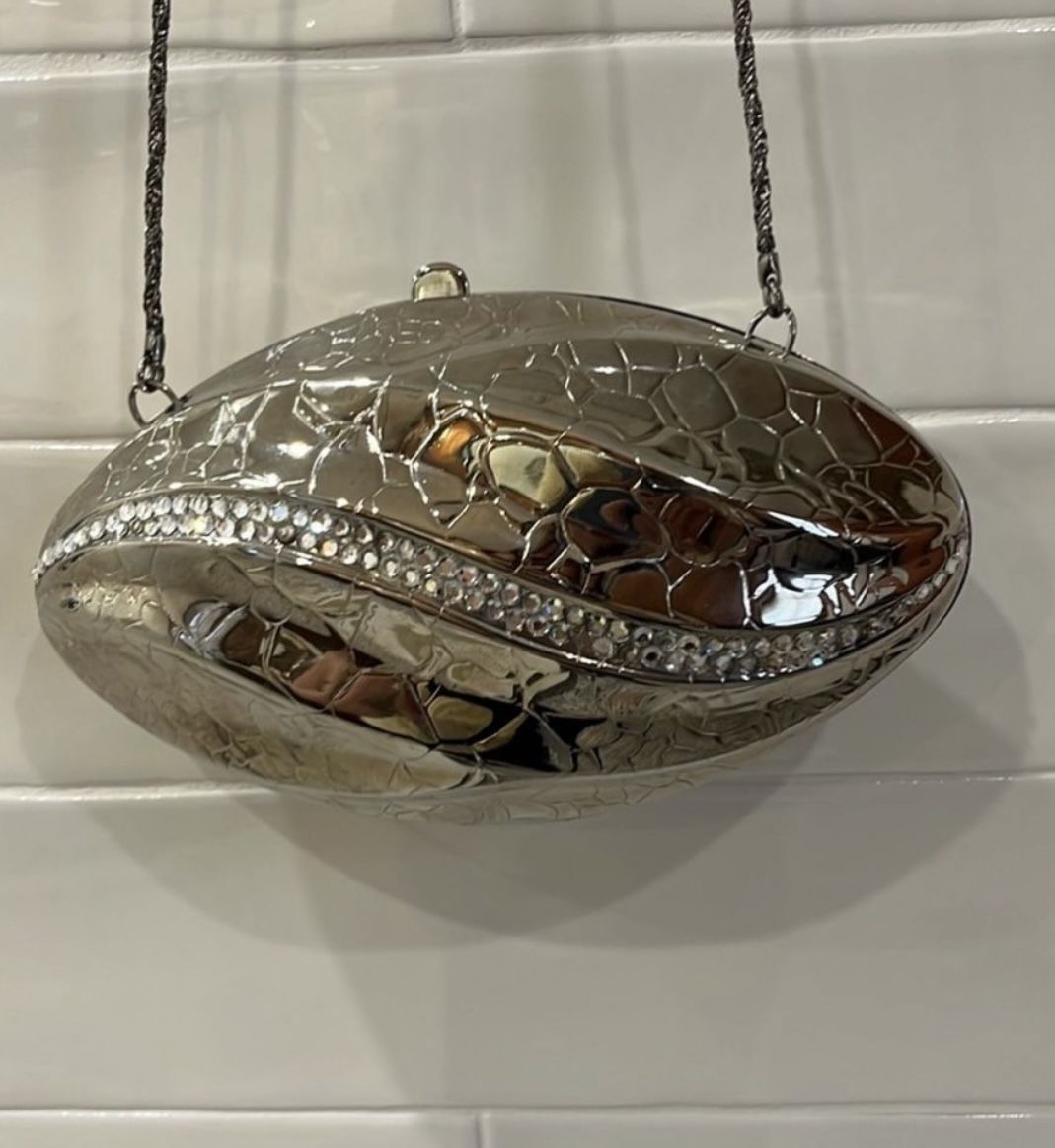 Vintage Football Egg Shaped Purse Silver Alligator & Crystal Metal Shoulderbag
