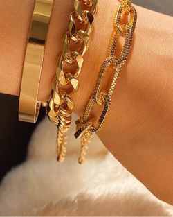 Punk Style 3pcs/Set Curb Cuban Multilayer Link chain bracelet, Gold Color