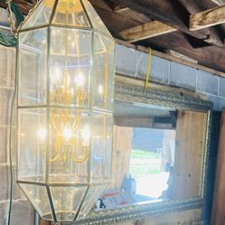 Beautiful Elegant Large Brass Beveled Glass Entry Way Chandelier 44” Tall 12 Lights