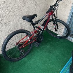 Hyper Kids Youth Mountain Bike - 24 Inch, 18 Speed Shimano, Steel Frame, Full Suspension, Red/Black Shock