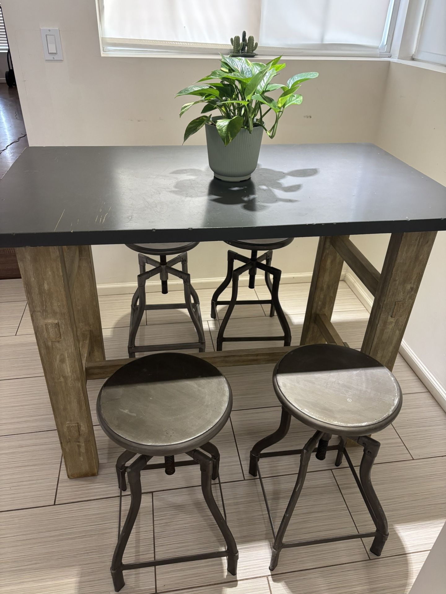 Rectangularww Counter Height Table with Crate & Barrel Turner Gunmetal Stools (Set of 4)