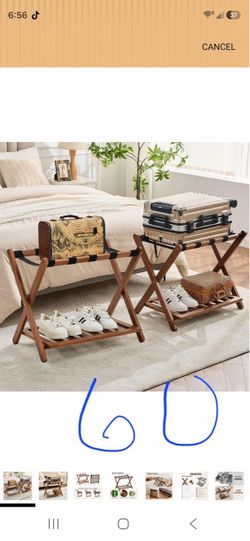 Folding Bamboo Luggage Rack with Bottom Shelf 2 pack