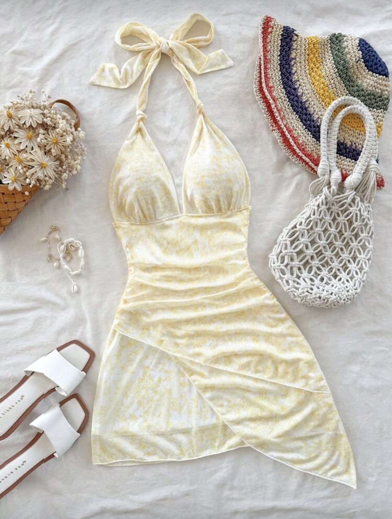 Dress - Yellow Backless  Mesh Wrap Mini Dress