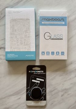 Maxboost Glass Screen Protector, Ainope Screen Protector, Pop Sockets Phone Grip All Items Factory Sealed 
