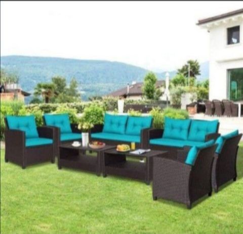 ???✈️ Eight Pieces Patio Set Brand New Patio Outdoor Furniture Light Blue Cushions Patio Set, ?✈️