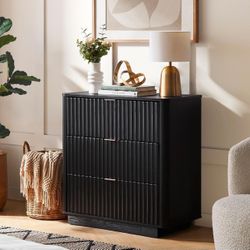 1005-BLK  Brooklyn 3 Drawer Dresser for Bedroom, Mid Century Modern Chest of Drawers, Wood Tall Nightstand, Waveform Fluted Side Table, Enhanced Safet