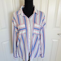 Eden & Olivia Striped Blue & Peach Button Down Roll Tab Sleeves Shirt w Pockets Size L