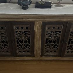 Bali Influenced Credenza With 4 Doors And Iron Accent 
