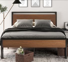 New Walnut Color Queen Size Platform Bed Frame
