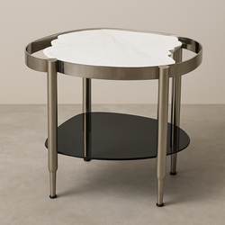 Solid White Marble Top Accent Table with Polished Nickel Base and Smoked Glass Shelf – Modern Living Room Side Table