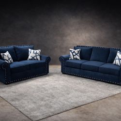 Brand New Elegant Blue Sofa Loveseat Set 