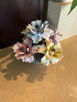 Vintage Capodimonte porcelain flowers in a basket