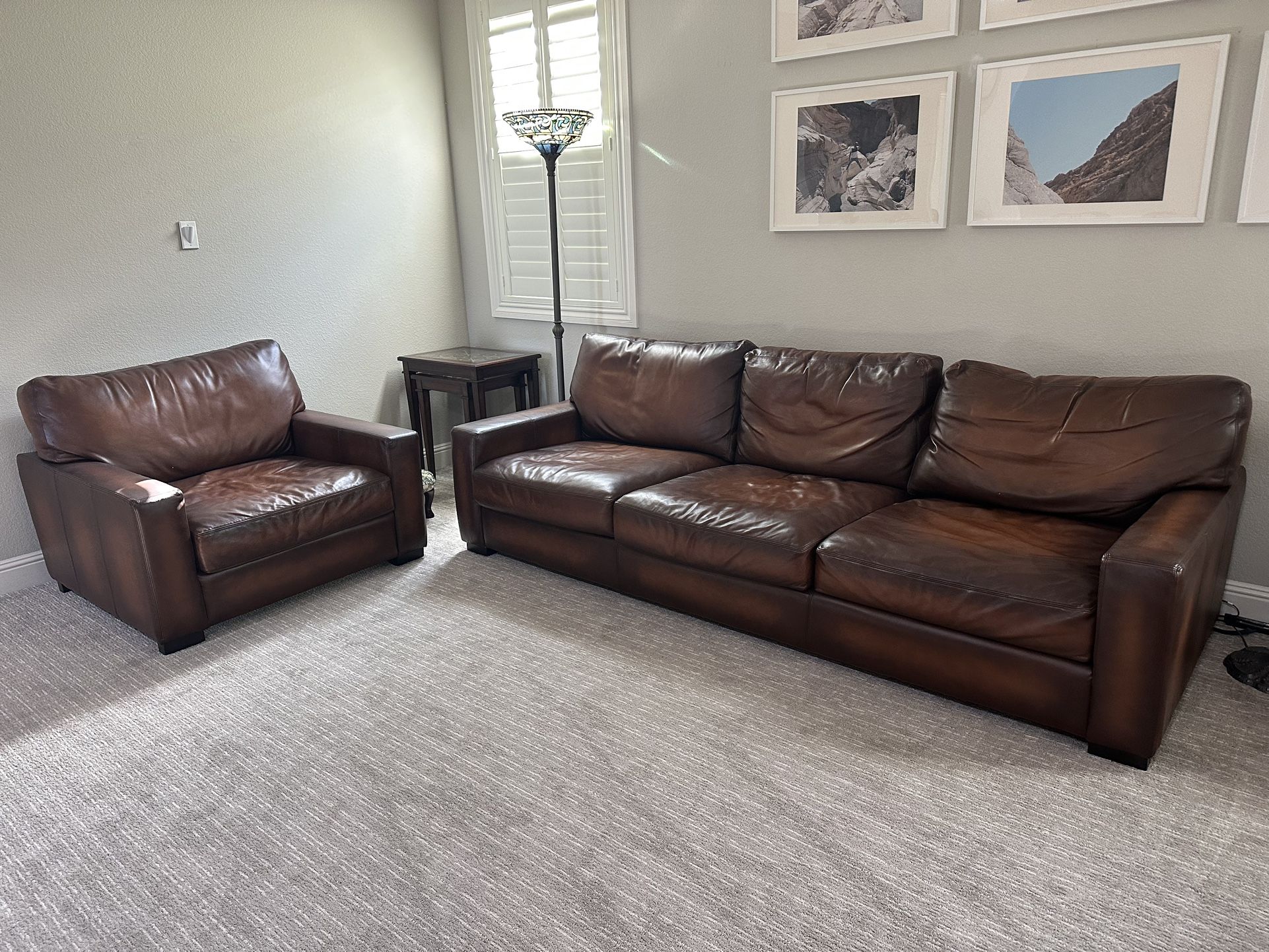 Pottery Barn Leather Couch And Chair For Sale