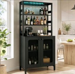 67" Tall Heavy-Duty Wood Bar Cabinet with Power Outlets, RGB LED Lights, Wine Liquor Storage, Glass Holder, Coffee Station for Bar Decor