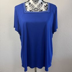 Tanjay Women’s Top Short Sleeve Size XL Electric Blue Square Embroidered Neck