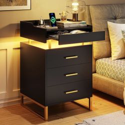 LED Nightstand with Charging Station, Night Stand with 3 Drawers and 1 Pull-Out Tray, End Side Table with Storage, Bedside Table with LED Lights & Met