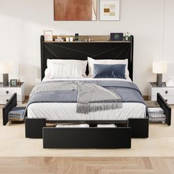 Full Size Velvet Bed Frame with 3 Storage Drawers, Upholstered Platform Bed with Wingback Storage Headboard and USB Ports, No Box Spring Needed, Easy 