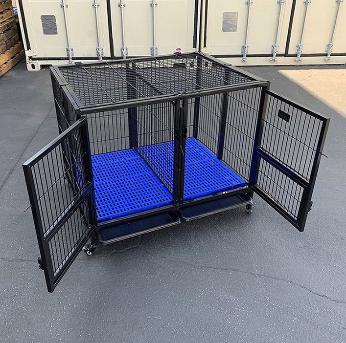 (NEW) $165 Folding Heavy Duty Dog Cage 41x31x34” Double-Door Stackable Kennel w/ Divider, Plastic Tray 